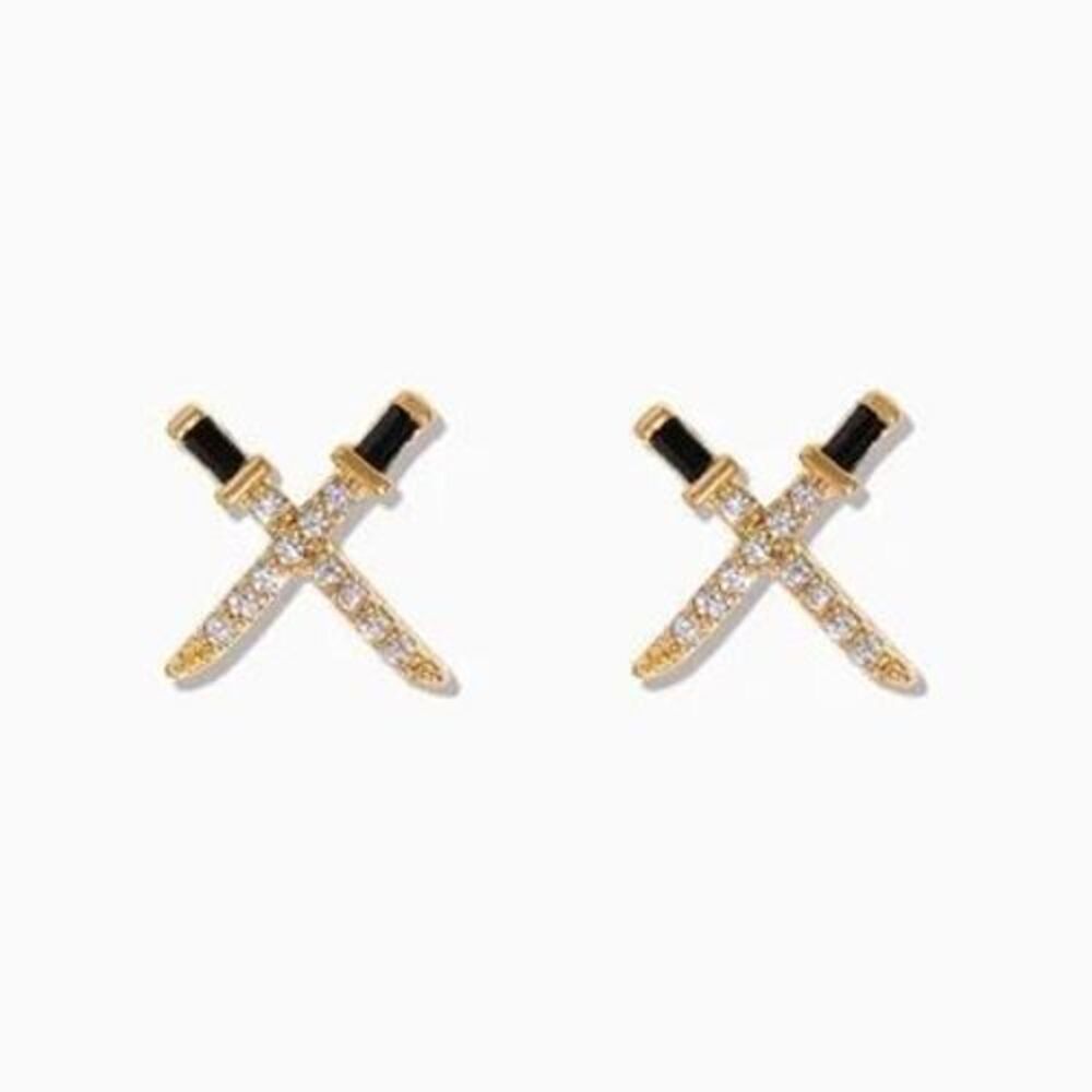 Elegant Crossed Swords Stud‎ Earrings Black Enamel Zircon